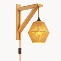 Applique murale rétro avec câble – style rotin tressé, fixation bois naturel