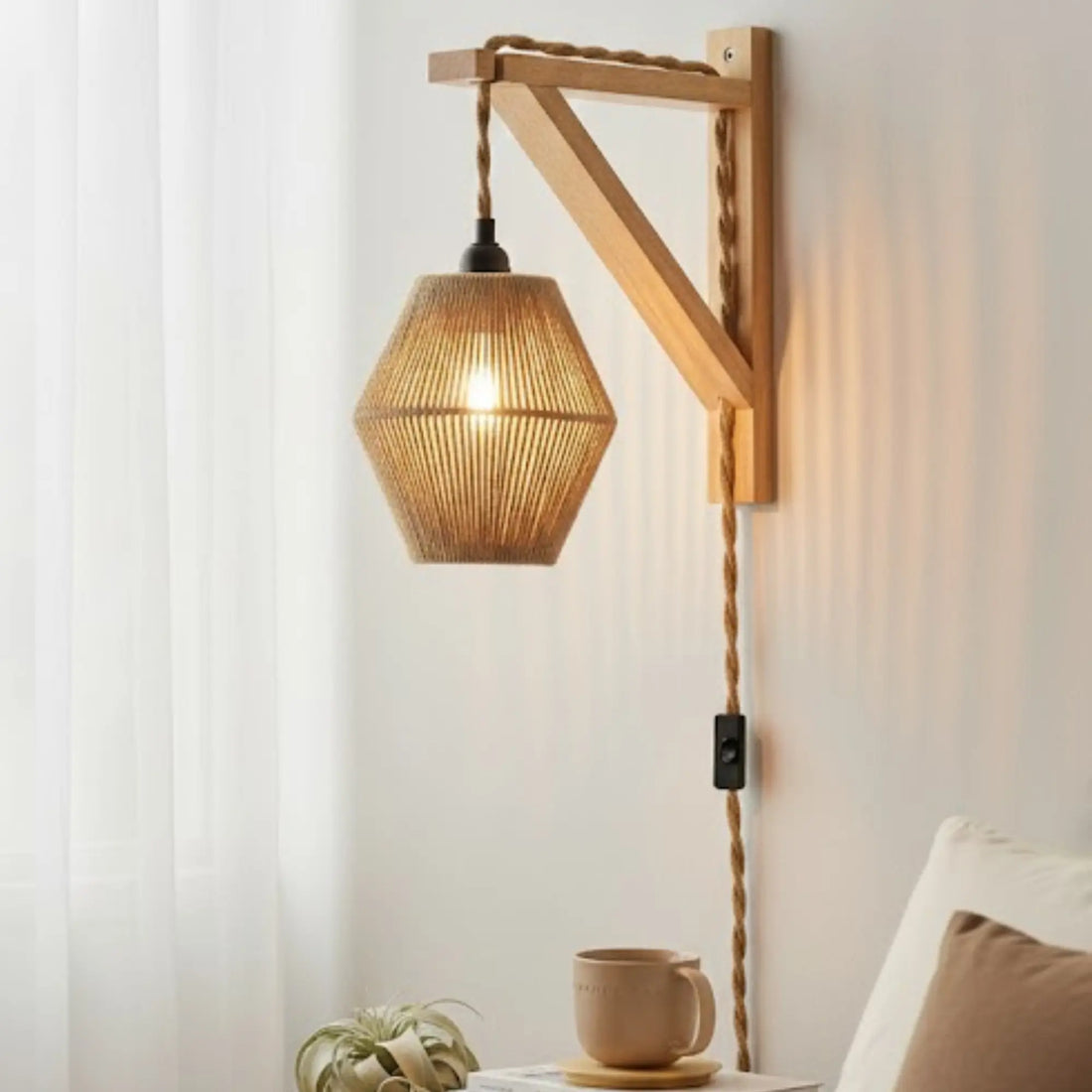 Applique murale rétro avec câble – style rotin tressé, fixation bois naturel