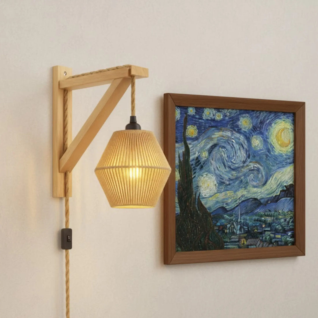 Applique murale rétro avec câble – style rotin tressé, fixation bois naturel