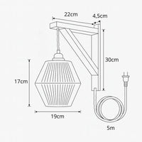 Applique murale rétro avec câble – style rotin tressé, fixation bois naturel