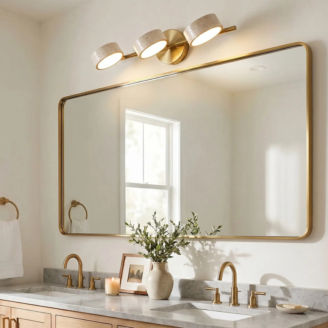 Applique Murale Salle de Bain Travertin & Laiton Doré - LED 9W - Style Wabi-Sabi