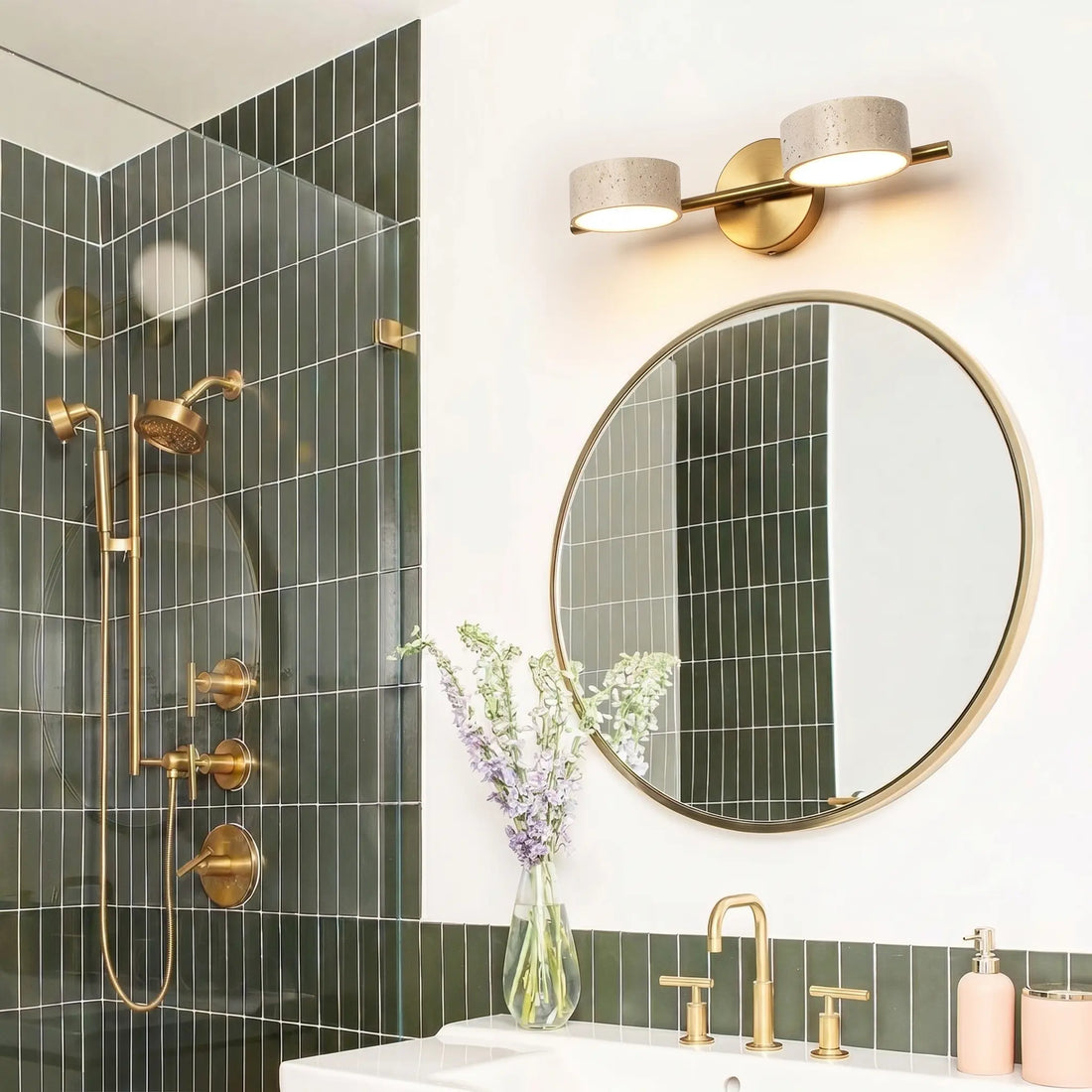 Applique Murale Salle de Bain Travertin & Laiton Doré - LED 9W - Style Wabi-Sabi
