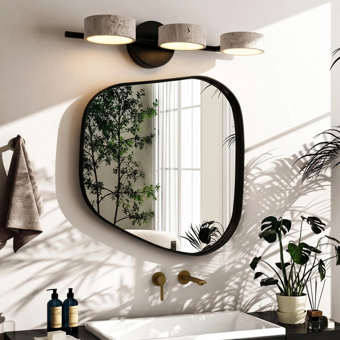 Applique Murale Salle de Bain Travertin & Noir Mat- Orientable 180°- LED 9W