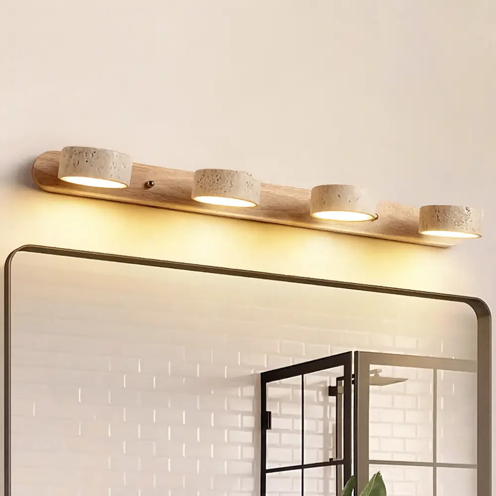 Applique murale LED salle de bain – Bois clair & travertin, design minimaliste