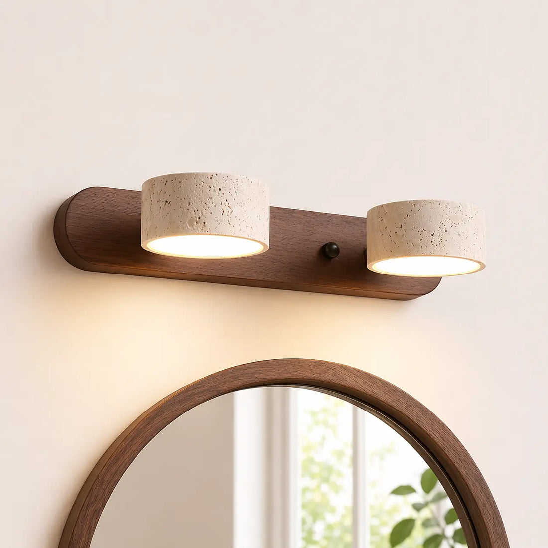 Applique murale LED salle de bain – Bois clair & travertin, design minimaliste