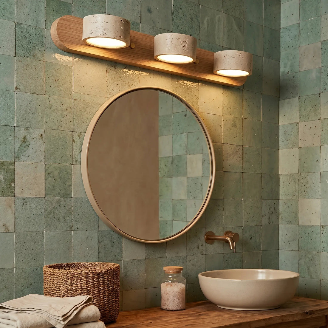 Applique murale LED salle de bain – Bois clair & travertin, design minimaliste