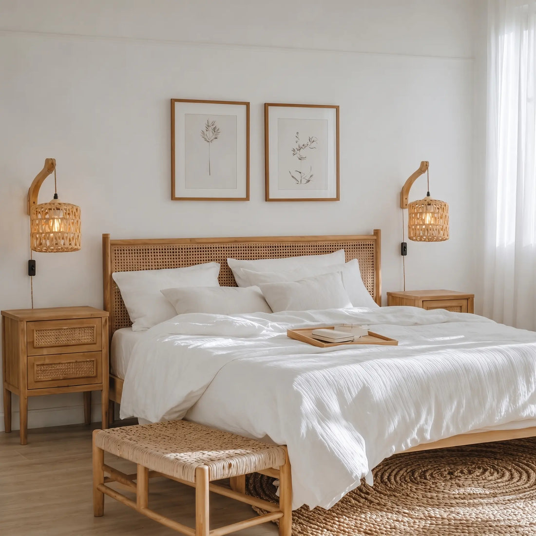 Applique murale rotin avec prise – style naturel E27 pour chambre ou salon