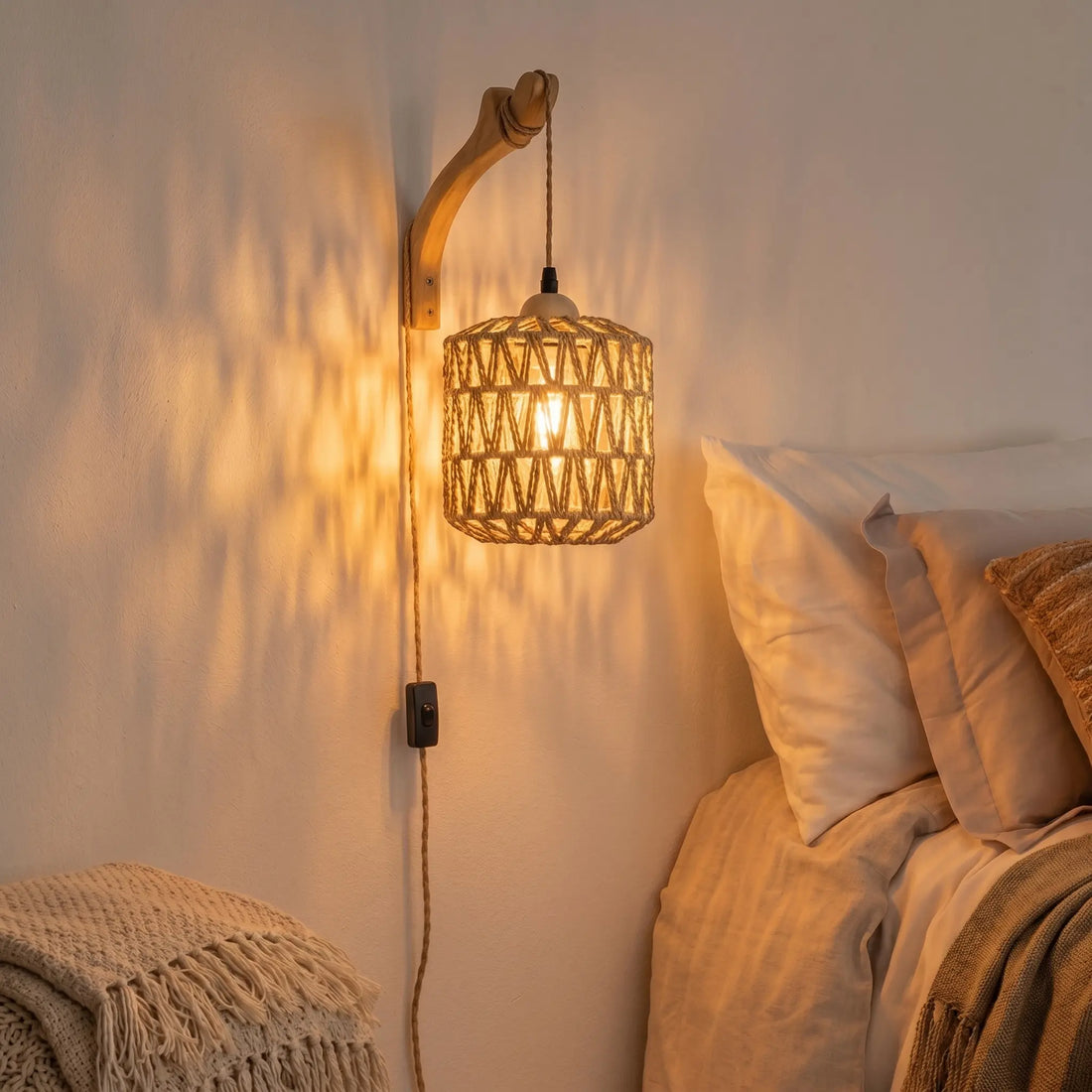 Applique murale rotin avec prise – style naturel E27 pour chambre ou salon