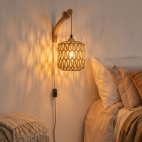 Applique murale rotin avec prise – style naturel E27 pour chambre ou salon