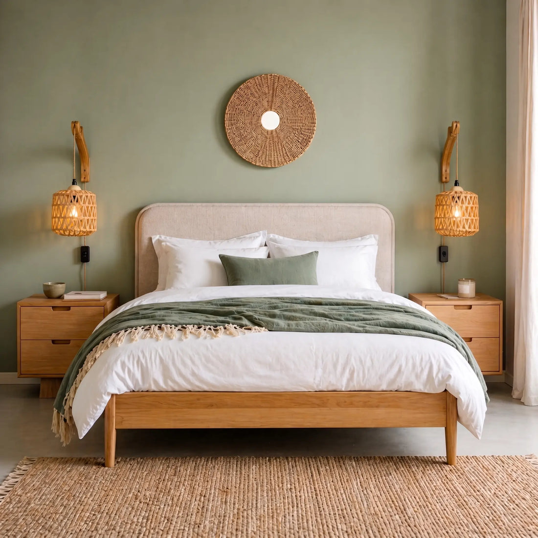 Applique murale rotin avec prise – style naturel E27 pour chambre ou salon